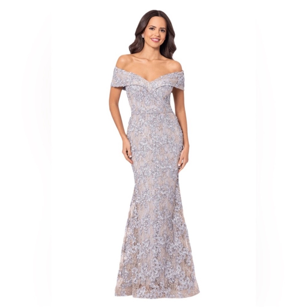Xscape Off-Shoulder Lace Evening Gown in Light Lavender